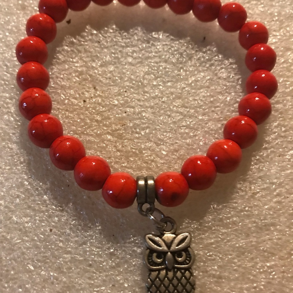 Red Beaded Owl Charm Bracelet - Women Jewelry